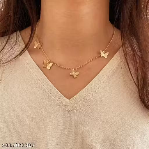 Gold Plated Butterfly Décor Necklace For Women & Girls